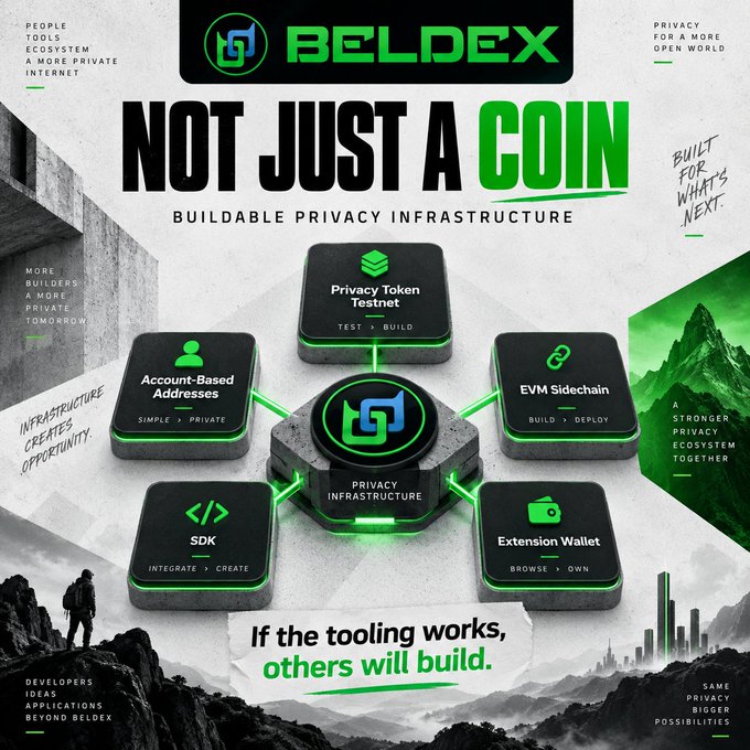 A promotional graphic for 'BELDEX' cryptocurrency features the headline 'NOT JUST A COIN' and 'BUILDABLE PRIVACY INFRASTRUCTURE', highlighting components like Privacy Token Testnet, EVM Sidechain, SDK, and Extension Wallet.