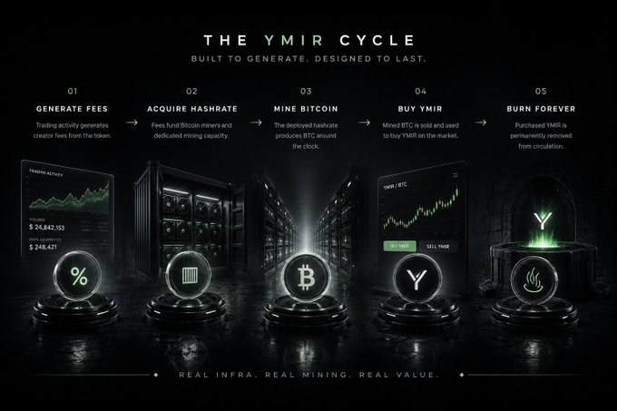 A dark-themed infographic titled "THE YMIR CYCLE" outlines a 5-step ecosystem: (1) Generate Fees with $26,842,153 in trading activity generating $248,421 in fees, (2) Acquire Hashrate via mining hardware, (3) Mine Bitcoin, (4) Buy YMIR with mined BTC, and (5) Burn Forever with YMIR removed from circulation, captioned "Real Infra. Real Mining. Real Value." The image visually supports the post's message by illustrating YMIR's infrastructure-first approach, showing how real Bitcoin mining profits fund YMIR token buybacks and burns.