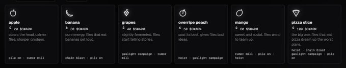 A dark-themed digital infographic or game UI displaying six categories (apple, banana, grapes, overripe peach, mango, pizza slice) with associated stats, quotes, and actions like 'twist on' and 'glowlight campaign'.