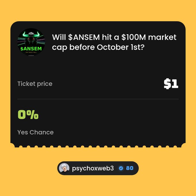 Prediction market ticket for '$ANSEM hit a $100M market cap before October 1st?', priced at $1 with 0% Yes Chance, submitted by psychoxweb3.