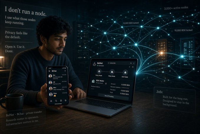 A person uses BelNet and BChat on their phone and laptop, benefiting from the infrastructure provided by @BeldexCoin's 3,000+ active nodes and 10,000 BDX locked. This highlights how users can experience private transfers and services without needing to run a node themselves, as illustrated by the text "I don't run a node. I use what those nodes keep running."