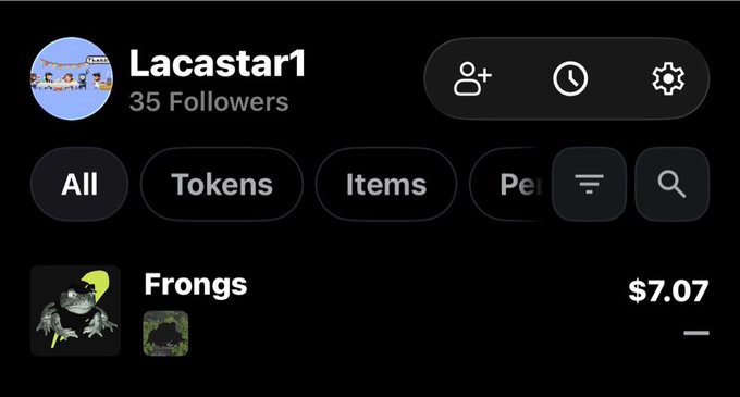 A dark-themed NFT profile page showing user 'Lacastar1' with 35 followers, featuring category tabs for All, Tokens, Items, and a 'Frongs' NFT listed at $7.07.