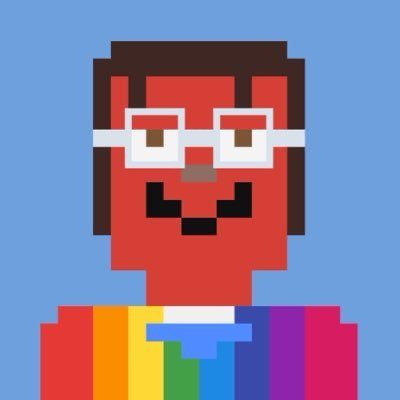 A pixel art portrait of a person with brown hair and glasses, wearing a rainbow-colored shirt, against a solid blue background.