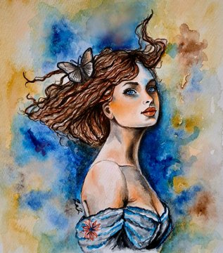 The image features a woman with long brown hair, wearing a blue dress, and has a butterfly perched on her head. The background of the painting is a mix of blue and yellow colors, creating an artistic atmosphere. The painting also includes a watermark that reads "GM Phygital Exclusive" and "ART + T-SHIRT Own a 1/1 artwork + premium T-shirt Featuring works by @Zaz_gallery".