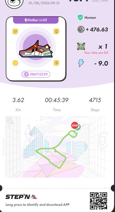 A STEP'N app screenshot showing a Walker Lv20 sneaker, 3.62 Km walked, 4715 steps, and earnings of +476.63 GST.