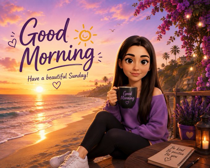 A 'Good Morning - Have a beautiful Sunday!' digital illustration featuring a young woman holding a 'Good Morning' coffee mug on a beach at sunset with purple bougainvillea flowers and a notebook saying 'Be kind, be positive, be you'.