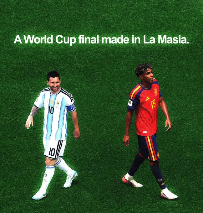 Sports graphic showing Lionel Messi (Argentina #10) and Lamine Yamal (Spain #19) on a green pitch background with the caption 'A World Cup final made in La Masia.'