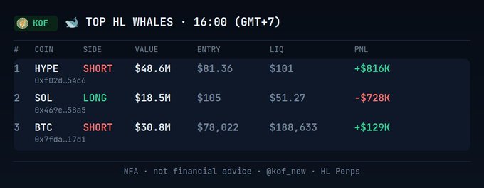 Trading dashboard titled 'TOP HL WHALES · 16:00 (GMT+7)' displaying three positions: HYPE SHORT (+$816K PNL), SOL LONG (-$728K PNL), and BTC SHORT (+$129K PNL), with a disclaimer 'NFA · not financial advice · @kof_new · HL Perps'.