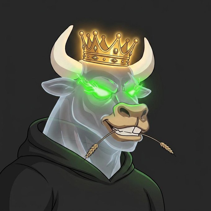A regal bull with a glowing crown and piercing green eyes wears a hoodie, exuding a "king" persona through imagery alone. The illustration satirizes the NFT culture of donning prestigious profile pictures to project status—reminding viewers that a crown, like a PFP, doesn't actually make the bull a king or anyone part of an elite crowd.