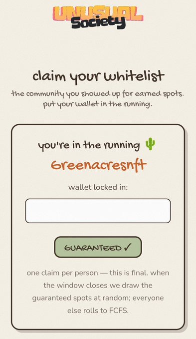 An "UNUSUAL Society" whitelist claim webpage for "GreenacresNFT" featuring a wallet connection field and a "GUARANTEED" button, explaining the FCFS spot selection process.