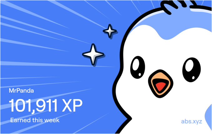 A digital graphic featuring a cute white cartoon penguin character next to text reading 'MrPanda', '101,911 XP', and 'Earned this week', with 'abs.xyz' in the corner.