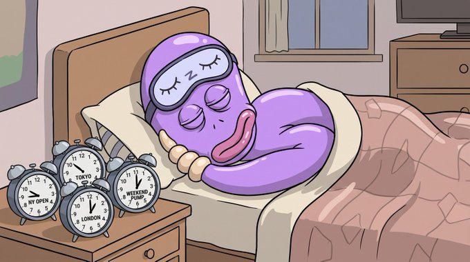 A cartoon illustration shows a purple Among Us character sleeping in bed with a sleeping mask and earmuffs, surrounded by multiple alarm clocks displaying different world times (Tokyo, NY, London, Weekend Pump).