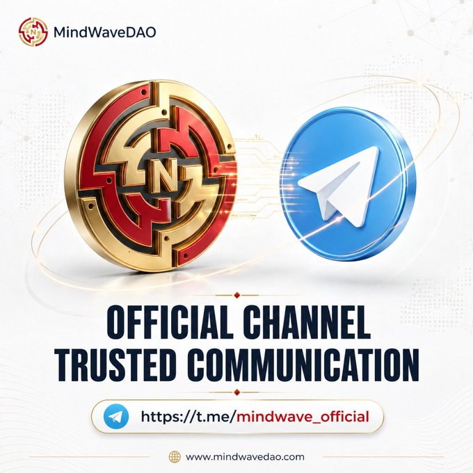A promotional graphic for MindWaveDAO featuring the project's red and gold logo alongside the Telegram icon, with text reading "OFFICIAL CHANNEL TRUSTED COMMUNICATION" and the link "https://t.me/mindwave_official." The image visually reinforces the post's message by directing followers to the project's verified Telegram channel at t.me/mindwave_official for official ecosystem updates.