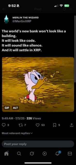 An X/Twitter post by 'MERLIN THE WIZARD' (@MerlinXRP) reads 'The world's new bank won't look like a building. It will look like code. It will sound like silence. And it will settle in XRP.' accompanied by a GIF of Scrooge McDuck diving into gold coins.