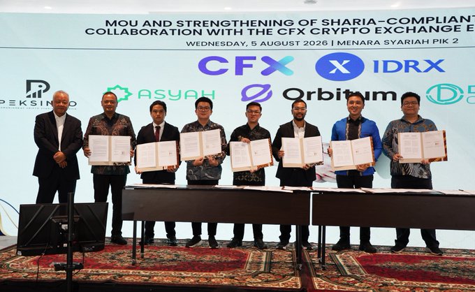 Several officials pose with signed MoU documents at the "Strengthening of Sharia-Compliant Collaboration with the CFX Crypto Exchange" event held Wednesday, 5 August 2026 at Menara Syariah PIK 2, with partner logos including CFX, IDRX, Asyah, Deksindo, Orbitum, and 5Economic displayed behind them.

The image visually supports the post by showing the formal MoU signing ceremony between IDRX and CFX alongside the five RWA startups (Asyah, Deksindo, Orbitum, and others) incubated by Menara Syariah to develop Indonesia's Sharia Digital Asset ecosystem.
