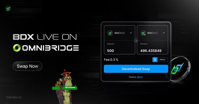 Beldex BDX promotional screenshot showing BDX is live on OmniBridge, featuring a swap interface converting 500 BDX (BDX) to 496.435849 BDX (BSC) with a 0.3% fee.