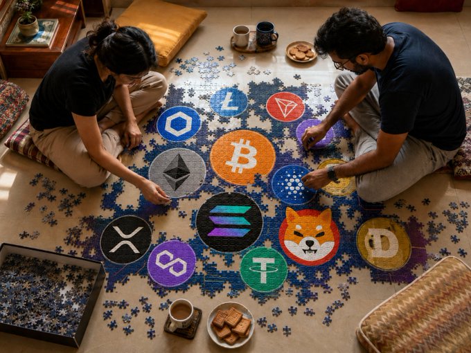 Two people sit on the floor surrounded by coffee, crackers, and scattered jigsaw puzzle pieces featuring various cryptocurrency logos including Bitcoin (B), Ethereum (₿), Litecoin (Ł), Dogecoin (D), Shiba Inu (Doge), XRP, Chainlink, and Tether (₮) symbols as they work together to assemble the colorful crypto-themed puzzle.