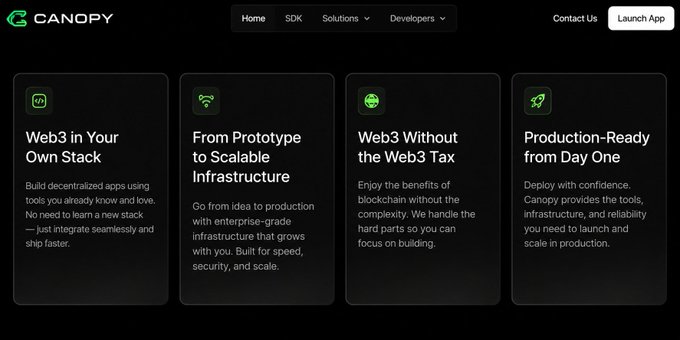 Canopy website homepage showing navigation tabs and four feature cards: 'Web3 in Your Own Stack', 'From Prototype to Scalable Infrastructure', 'Web3 Without the Web3 Tax', and 'Production-Ready from Day One'.