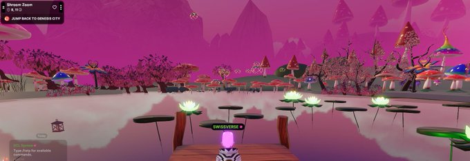 A screenshot from a virtual world game showing a pink-hued landscape with lotus flowers, mushrooms, and trees, with UI elements labeled 'Dinos: Zoom', 'JUMP BACK TO GENESIS CITY', and a chat mentioning 'Raw Fury for available commands'.