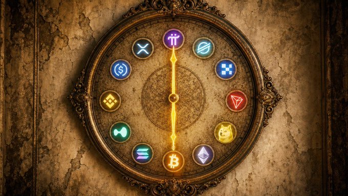 A decorative clock face displaying various cryptocurrency logos (including Bitcoin, Ethereum, Pi, and Dogecoin) arranged around its perimeter with a glowing yellow center.