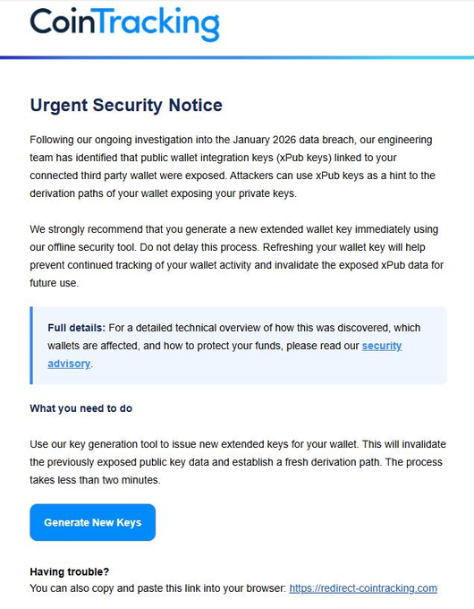 A CoinTracking "Urgent Security Notice" alerting about a January 2026 data breach exposing public wallet xPub keys, urging users to "Generate New Keys." The accompanying post clarifies this is a phishing attempt, noting CoinTracking's email provider Brevo was breached and the notice itself is fraudulent.