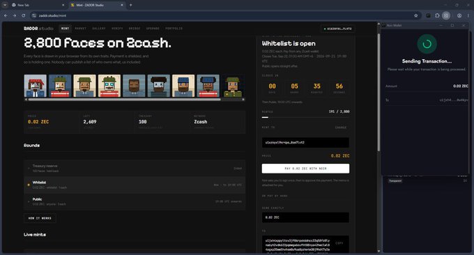 A desktop browser showing zkodo.studio.next with a raffle featuring '8,800 Faces on Zcash' NFT pixel faces, showing a 'Whitelist is open' countdown and a Zashi Wallet transaction popup sending 0.02 ZEC.