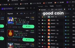The image shows a screen displaying a memecoin trading dashboard with the title "good coin" and various token entries showing ticker symbols like $TSUKA, $ROOB, $MUGU, and $POGAI along with their corresponding prices and market cap data. Green "Buy" buttons are visible next to token entries like Mysoria and Stoker, illustrating the trading interface context for the post's claim about a memecoin trader's $850K weekly profit strategy.