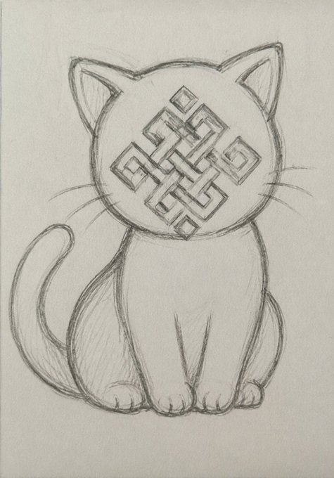 The image features an illustration of a cat sitting down, which has been drawn in black and white. The cat's face is completely covered by a patterned design or a celtic symbol, giving it a unique appearance. The drawing appears to be done with pencils on paper, showcasing the artist's skillful work. The image also includes text that reads "Eid Al-Adha Mubarak with @ritualnet today feels special for me and i hope it brings happiness and peace to all of you too wishing you a beautiful day filled with good moments and may Allah grant all of us our dreams and wishes gRitual gSiggy @cryptooflashh #gritul". The cat's face is the main focus, but the overall theme seems to be related to the Islamic faith or the concept of blessings.