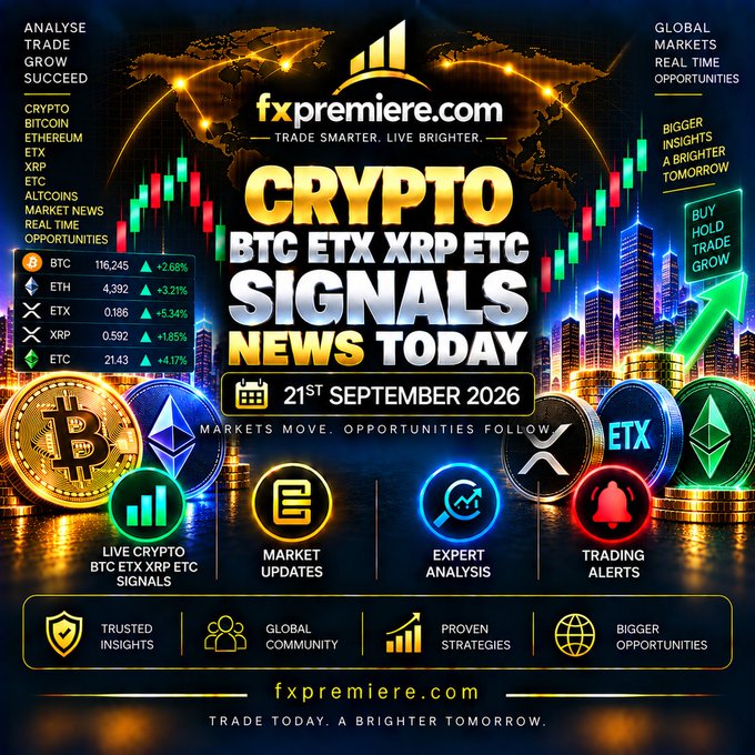 A promotional graphic for fxpremiere.com advertising crypto signals and news for BTC, ETX, XRP, and ETC, dated 21st September 2026, with a price list showing BTC at 116,245 (+2.68%), ETH at 4,392 (+3.21%), ETX at 0.186 (+5.34%), XRP at 0.592 (+1.85%), and ETC at 21.43 (+4.17%).