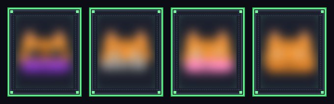 Four identical green-outlined squares containing blurry, abstract gradients of orange, purple, and white against a black background.