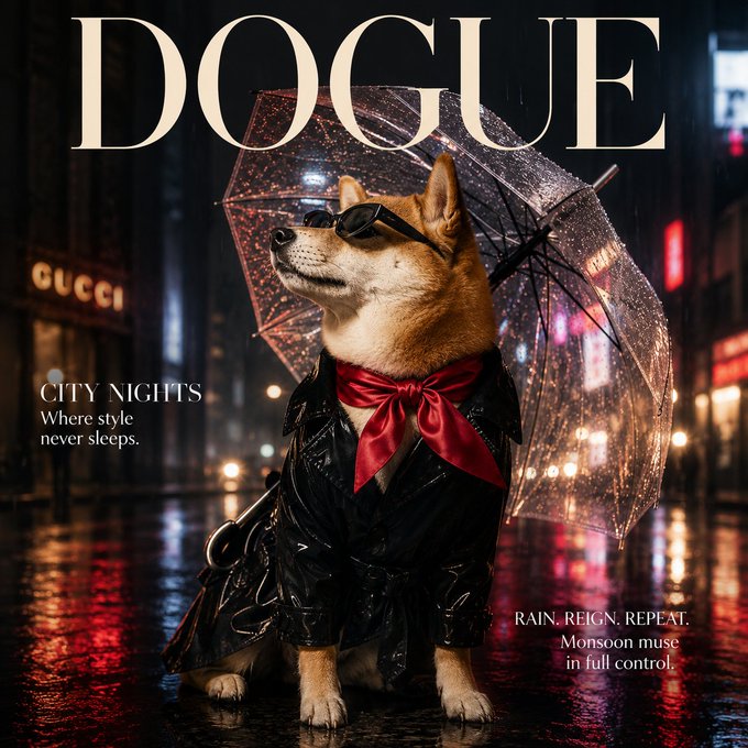 A Vogue-style magazine cover titled 'DOGUE' featuring a Shiba Inu dog wearing sunglasses, a red bow, and a black raincoat, holding a transparent umbrella on a rainy city street with 'GUCCI' signage visible.