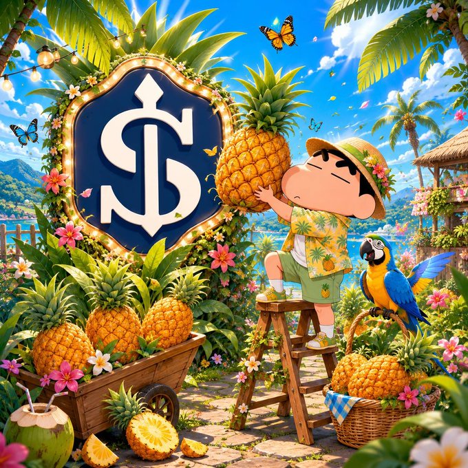 The image shows a cartoon character in a tropical setting holding a giant pineapple, with a stylized "S" logo on a shield, surrounded by pineapples, a parrot, and butterflies. 

The tropical imagery and logo do not appear to relate to the post's discussion about RWA (Real World Assets) and operational visibility for tokenized ships.