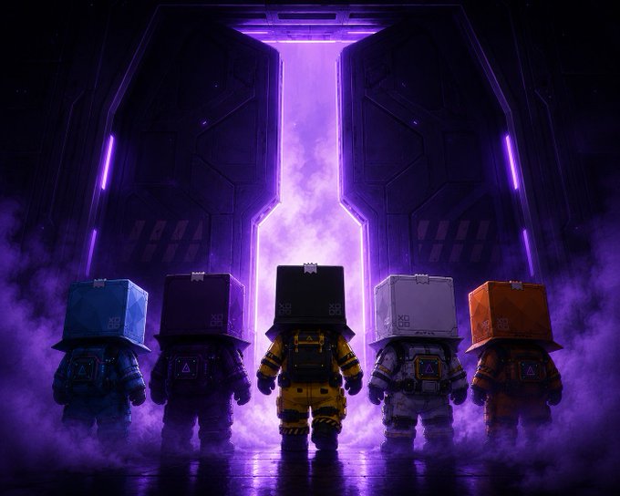 Five figures in colorful hazmat suits with box-shaped helmets stand facing a massive, glowing purple sci-fi doorway emitting smoke.