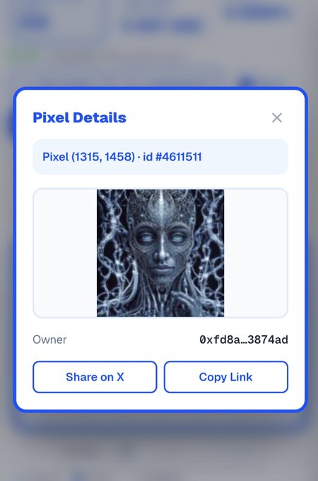 A "Pixel Details" popup showing coordinates (1315, 1458) and ID #4611511 displays a haunting, biomechanical humanoid face owned by 0xffd8a…3874ad, tying into the post's reference to baseboard.live and the spooky mark left on the #B20 base canvas.