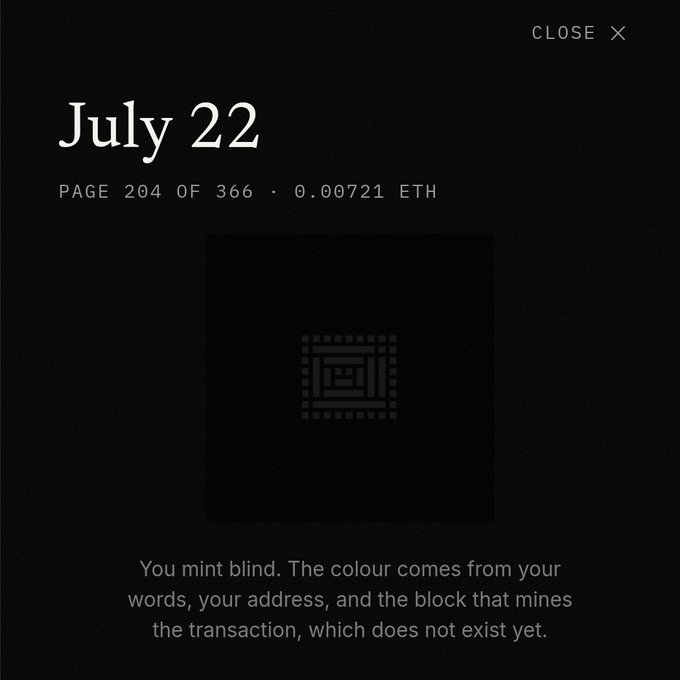 A dark digital interface showing 'July 22', 'PAGE 204 OF 366 · 0.00721 ETH', a loading icon, and text explaining a blind minting process: 'You mint blind. The colour comes from your words, your address, and the block that mines the transaction, which does not exist yet.'