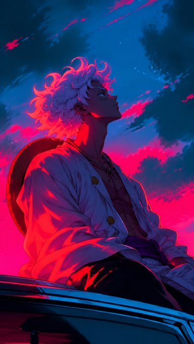 An anime-style illustration of a character with curly light hair in a white jacket, gazing upward against a dramatic pink and blue cloudy sky.