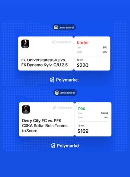 A Polymarket prediction interface showing two betting markets: 'FC Universitatea Cluj vs. FK Dynamo Kyiv' (Under 2.5 at $220) and 'Derry City FC vs. PFK CSKA Sofia: Both Teams to Score' (Yes at $169), with user 'amcamcan'.