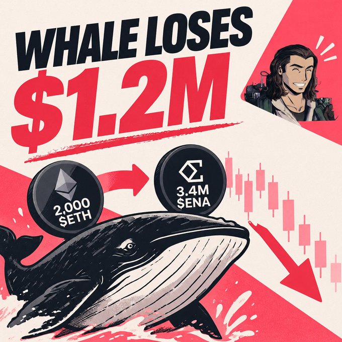 A graphic illustration headlined 'WHALE LOSES $1.2M' shows an arrow converting 2,000 $ETH to 3.4M $ENA with a downward red trend chart and a whale illustration.