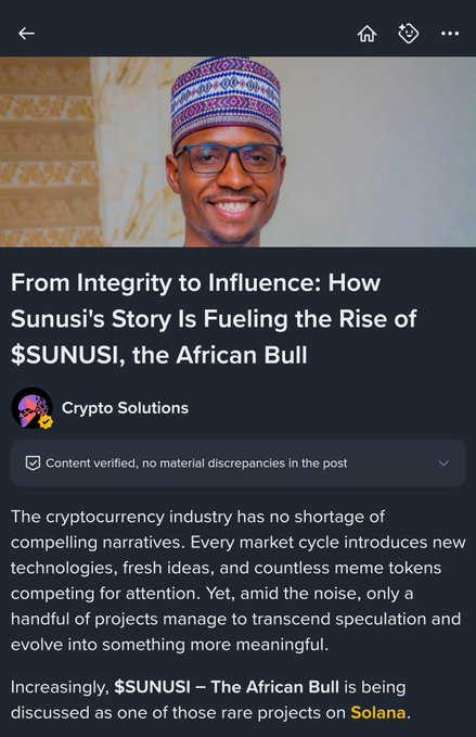 A social media post showing a verified article titled "From Integrity to Influence: How Sunusi's Story Is Fueling the Rise of $SUNUSI, the African Bull" by Crypto Solutions, featuring a photo of a smiling man in a patterned cap. The post highlights that Binance Square fact-checked the article and confirmed "no discrepancies in the material," supporting claims about $SUNUSI being a legitimate project on Solana.