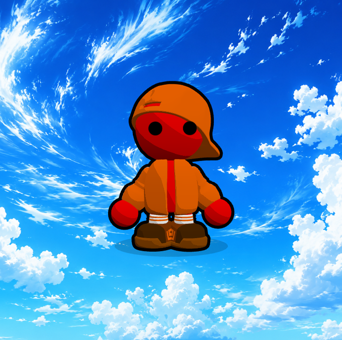 A stylized cartoon character with a red face wearing an orange hoodie and boots stands against a backdrop of a blue sky with swirling white clouds.