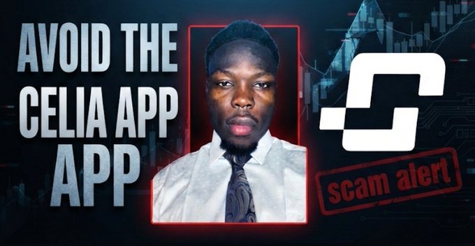 A YouTube-style thumbnail featuring a man in a white shirt and patterned tie against a red-bordered background, with bold text reading "AVOID THE CELIA APP" alongside a "scam alert" stamp and a logo, highlighting a warning against the Nigerian $Celia crypto project.