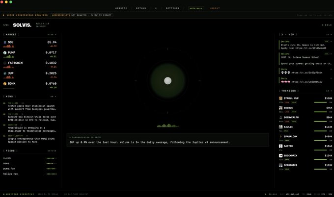 ircv server logs display a green screen with a white circle and the text "SOLUS" at the top, accompanied by a list of messages and a time stamp.