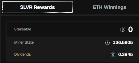 A dark-themed dashboard panel showing 'SLVR Rewards' with a Stakeable balance of 0, a Miner State of $136.5805, and Dividends of $0.3945.