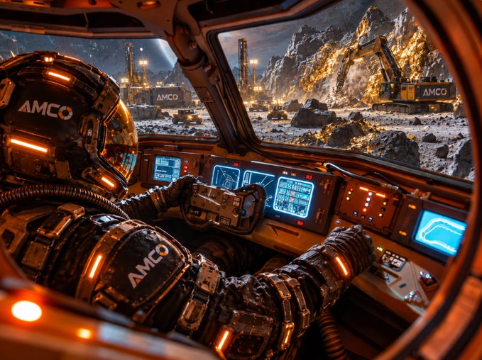 A sci-fi scene of an astronaut wearing an AMCO-branded suit inside a cockpit, operating controls while overlooking a mining operation on a rocky, moon-like surface with excavators.