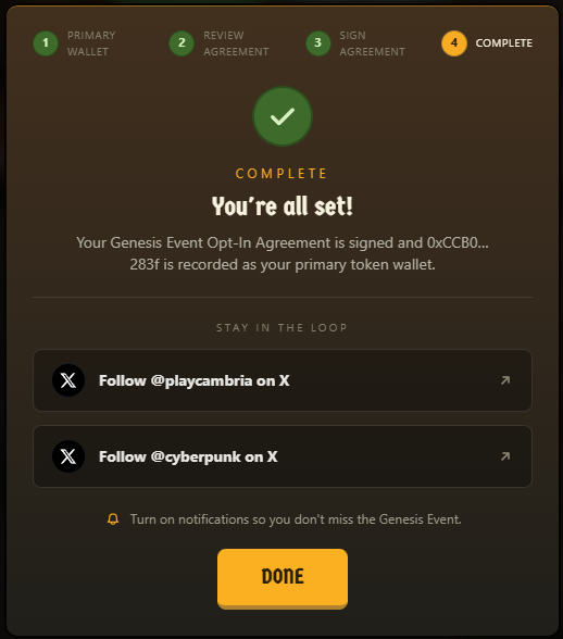 A dark-themed completion screen displays 'You're all set!' for a Genesis Event Opt-In Agreement, showing a connected wallet address and options to follow @playcambria and @cyberpunk on X.
