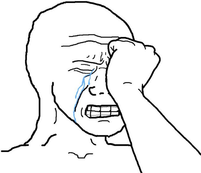 A line drawing meme depicting a crying figure (Wojak) grimacing in pain while holding a fist against their forehead, with a blue tear streaming down their face.