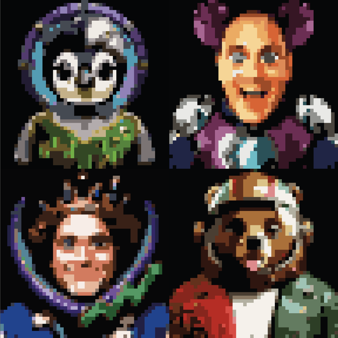 A 2x2 grid of pixel art character portraits featuring four distinct figures: a panda in a space helmet, a smiling man in a purple tunic, a person with wild brown hair and a mask, and a dog wearing a pirate hat and coat.