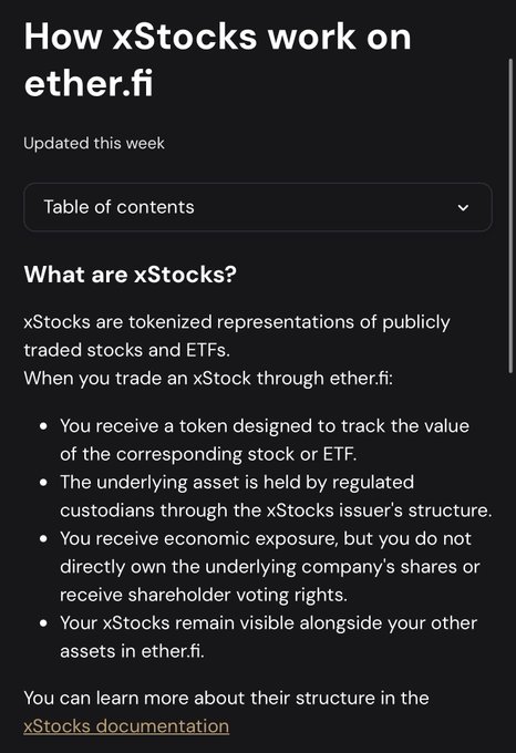 A dark-themed informational page titled 'How xStocks work on ether.fi' explaining that xStocks are tokenized representations of publicly traded stocks and ETFs.