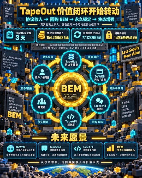 A promotional infographic for the TapeOut ecosystem, displaying protocol revenue of 154.246532 BNB and a BEM buyback of 77.123266 BNB (50%), with a central value-closed-loop diagram linking TapeHub, DeWEB, TapeSend, and TapeAPI around BEM ("Real Utility, Real Value, Longer Together"). The graphic visualizes the post's vision of developers using DeWEB to deploy services, with protocol fees repurchasing BEM and growing the on-chain economy.