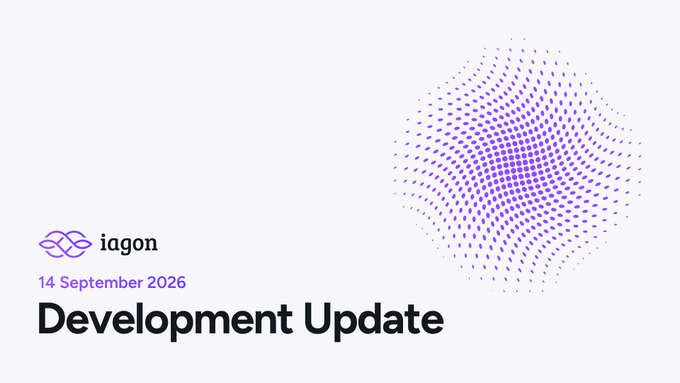 A header slide for 'iagon' dated 14 September 2026 with the title 'Development Update' and a purple dotted geometric graphic.